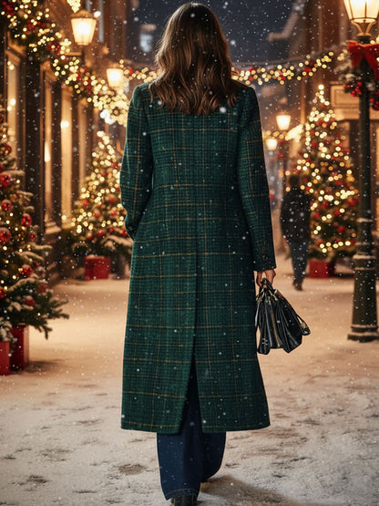 【24-Hour Shipping】Casual Loose-Fit Retro Check Wool Midi Coat with Pockets