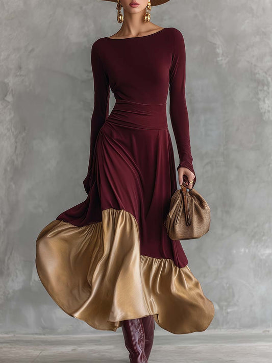 Chic Vintage-Inspired Maxi Dress with Round Neckline, Gold Satin Skirt, and Burgundy Stretch Cotton Bodice