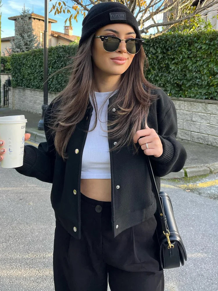 Chic Women's Wool Blend Bomber Jacket with Button Closure and Ribbed Cuffs