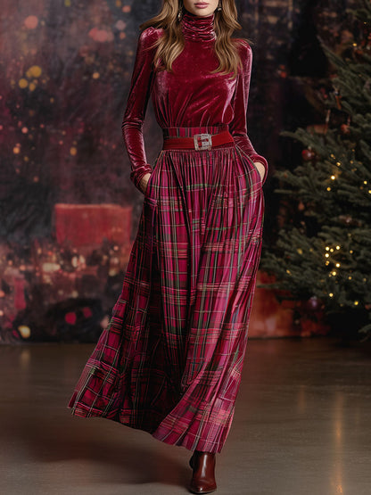 Vintage-Inspired Red Velvet Checkered Skirt Set with Turtleneck for Christmas