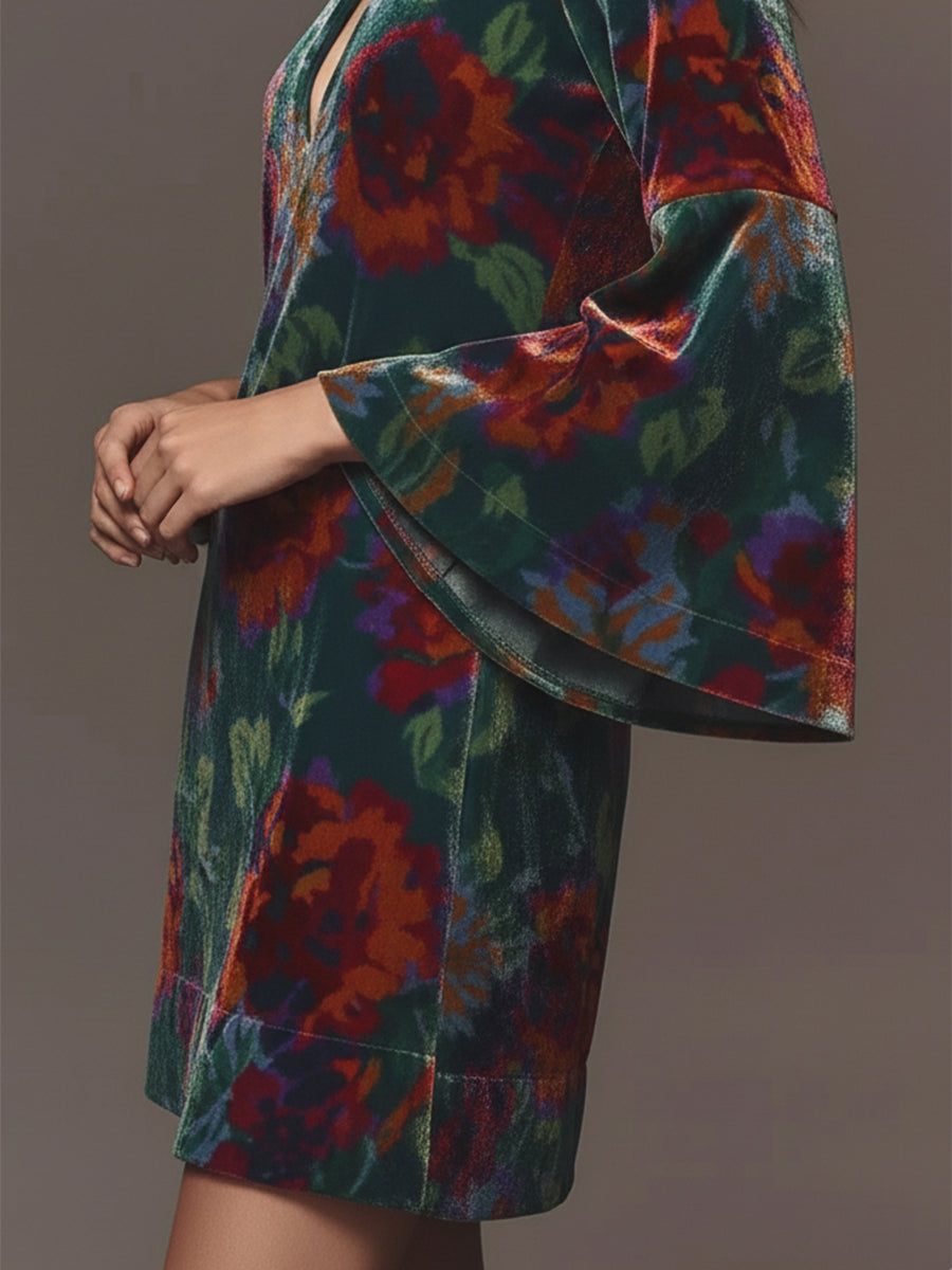 Vintage Floral Mini Dress with Flared Sleeves and Velvet Neckline Cutout