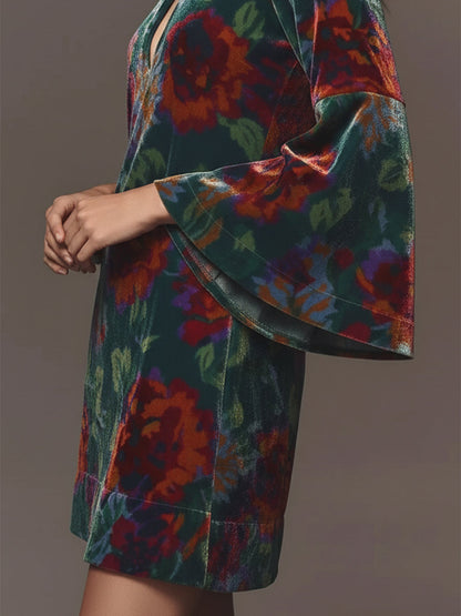 Vintage Floral Mini Dress with Flared Sleeves and Velvet Neckline Cutout