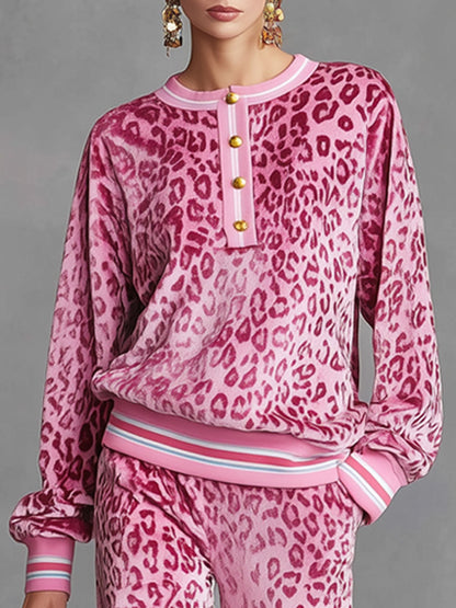 Retro Pink Leopard Print Velvet Sweatshirt and Wide-Leg Trousers Set