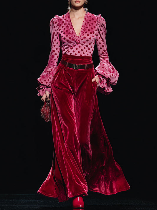 Chic Vintage Red Velvet V-Neck T-Shirt with Flared Trousers