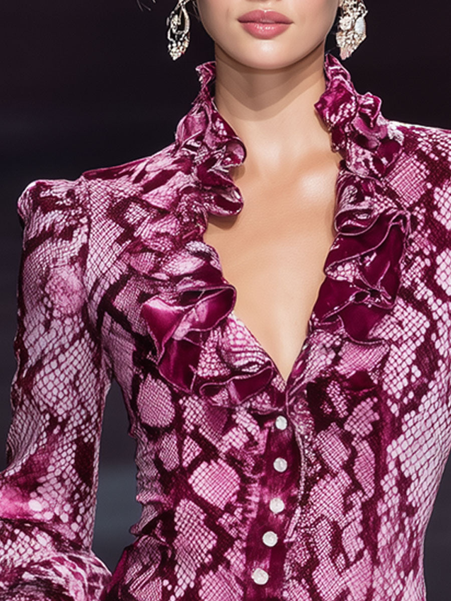 Chic Retro Snake Print Ruffled Shirt in Purple-Red Velvet with Long Sleeves