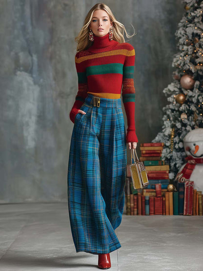 Versatile Wide-Leg Blue Check Trousers in Retro Style