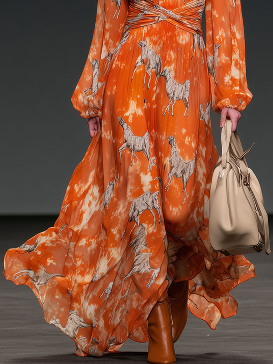 Retro-Inspired Orange Chiffon Maxi Dress with Long Sleeves and High Collar