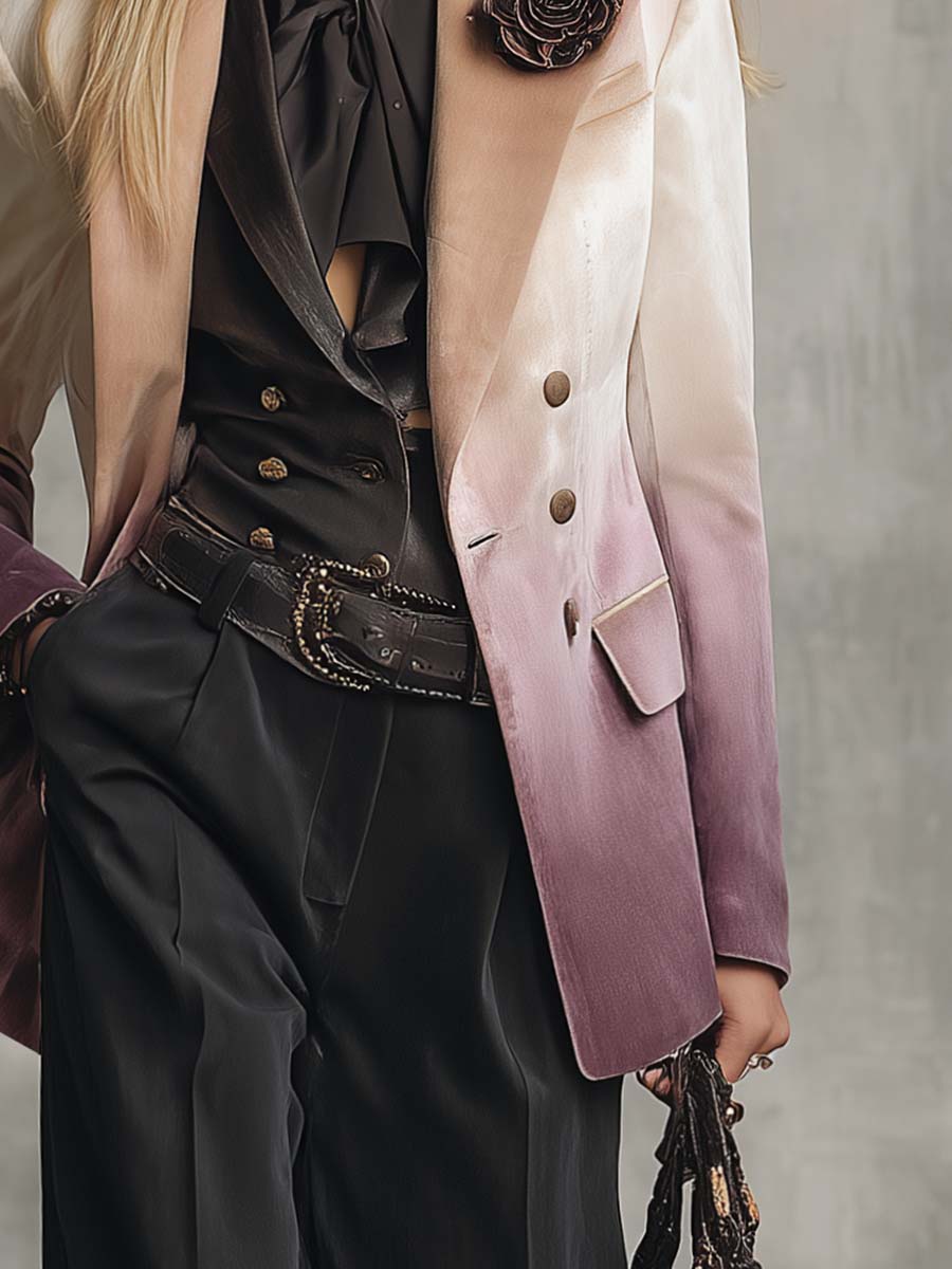 Chic Vintage Blazer with Peak Lapels and 3D Floral Accents in Beige-Purple Velvet Gradient