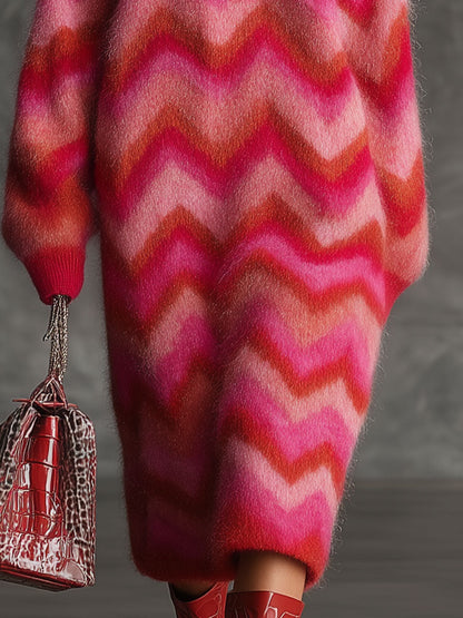 Vintage-Inspired Red and Pink Midi Dress with Zigzag Design and Collar