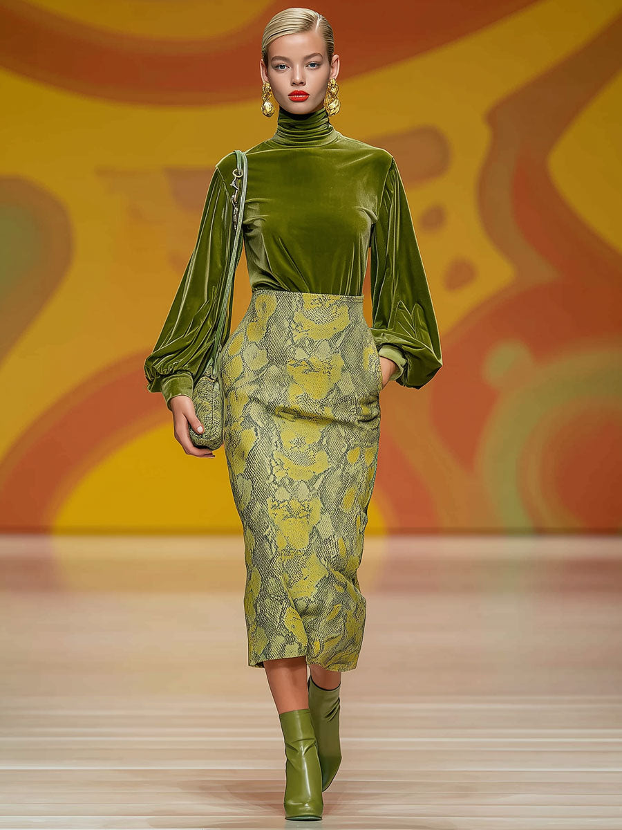 Vintage Green Velvet Turtleneck and Snakeskin Print Skirt Set