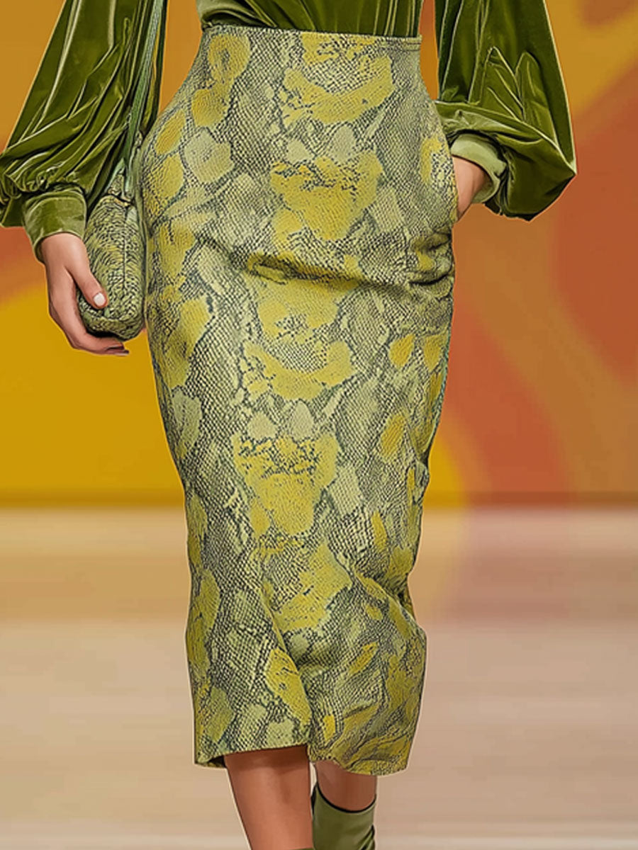 Vintage Green Velvet Turtleneck and Snakeskin Print Skirt Set