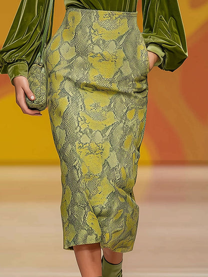 Vintage Green Velvet Turtleneck and Snakeskin Print Skirt Set