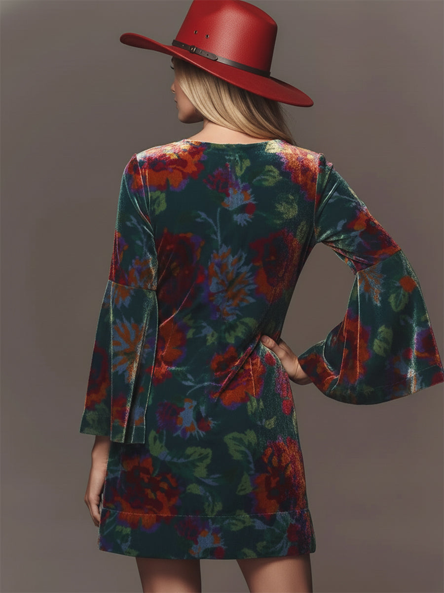 Vintage Floral Mini Dress with Flared Sleeves and Velvet Neckline Cutout
