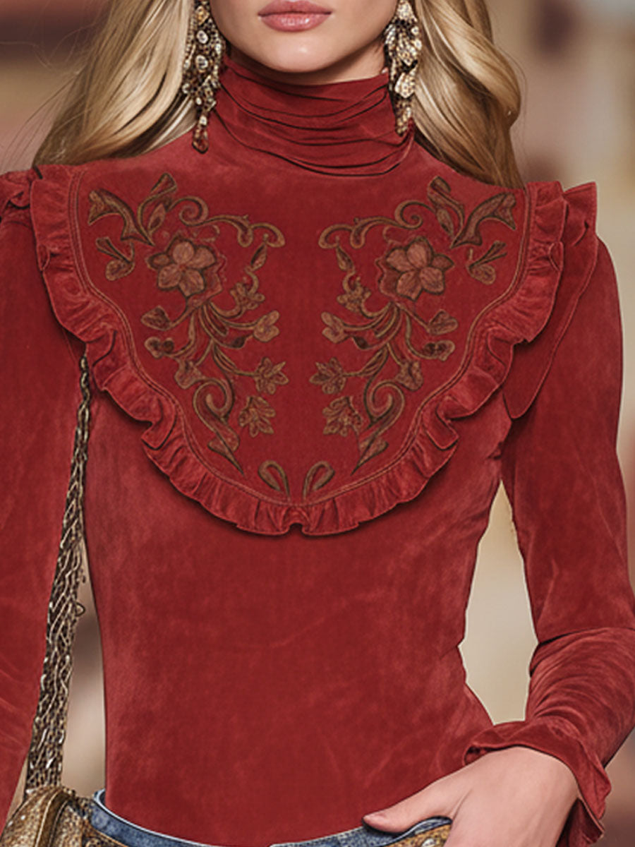 Vintage-Inspired Faux Leather Long Sleeve T-Shirt with Embroidered High Collar and Ruffle Details