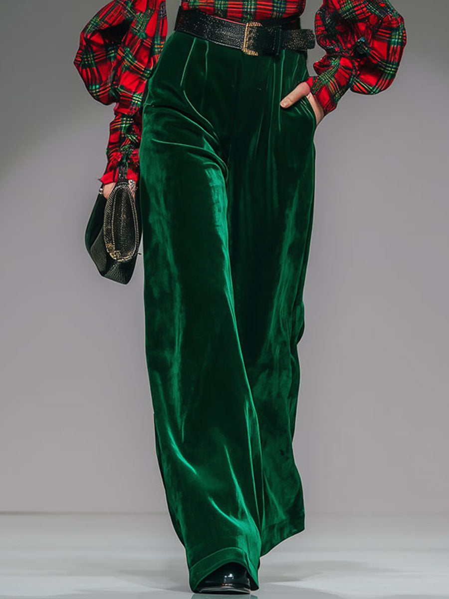 Chic Retro Check Velvet Turtleneck with Long Sleeves and Wide-Leg Pants