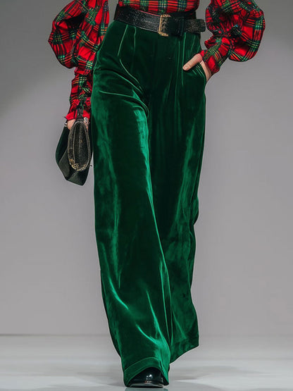 Chic Retro Check Velvet Turtleneck with Long Sleeves and Wide-Leg Pants