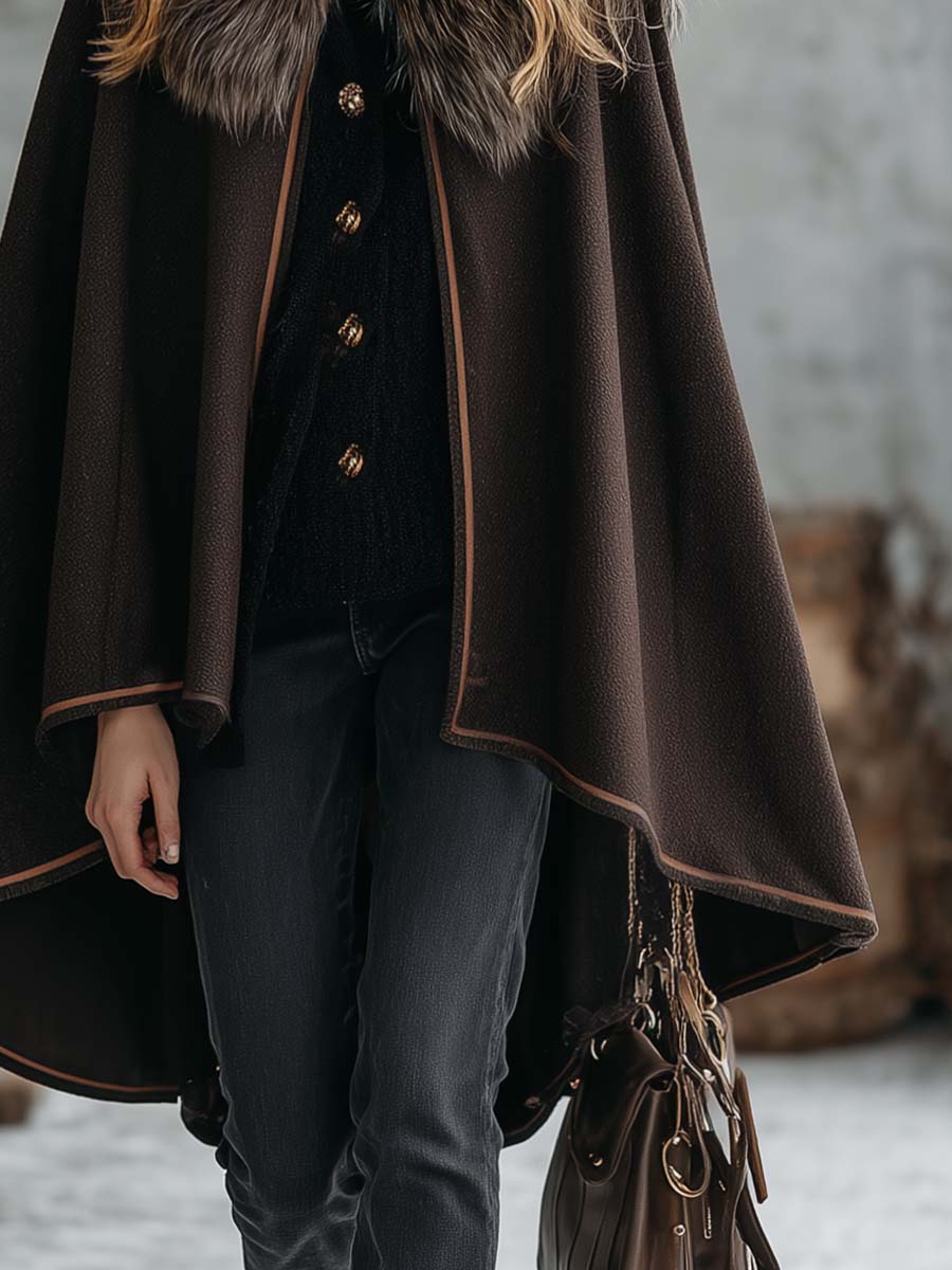 Classic Dark Brown Wool Coat with Cozy Faux Fur Collar
