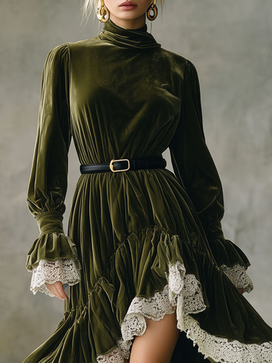 High-Collared Maxi Dress with Lace Accents