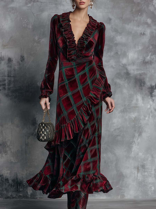 Chic Green Check Maxi Dress with Ruffles, V-Neck, and Burgundy Velvet Accents