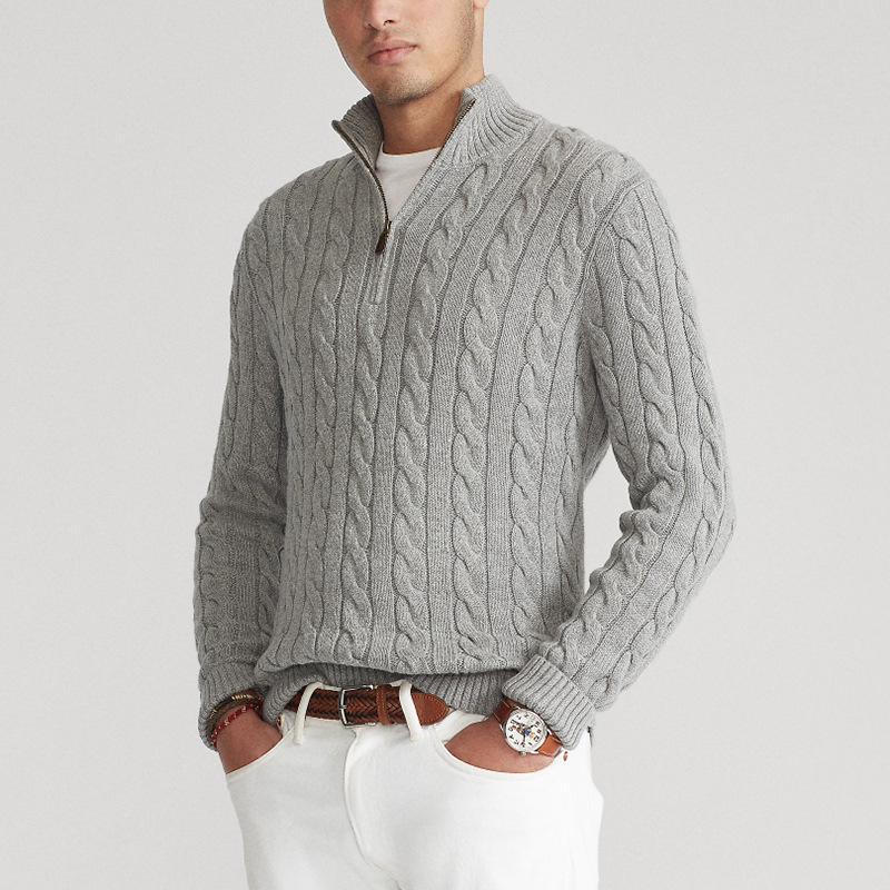 Men's Jumper with Half Zip and Cable Pattern