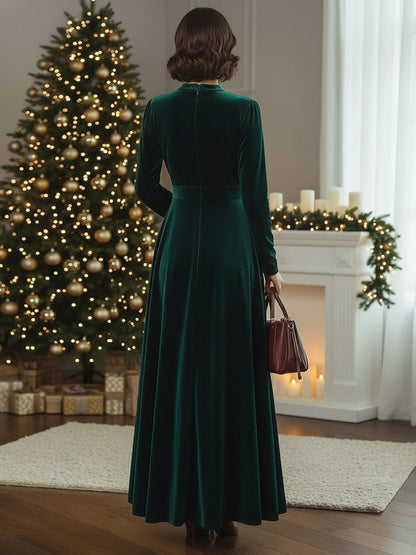 Velvet Maxi Dress with Long Sleeves, Loose Fit, Pockets, and Stand-Up Collar - Ships Within 24 Hours