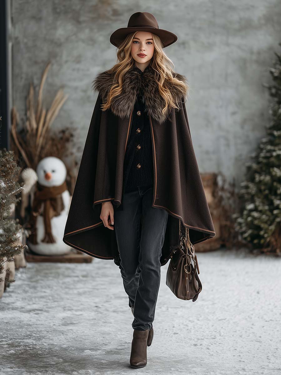 Classic Dark Brown Wool Coat with Cozy Faux Fur Collar