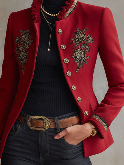 Rose-Embroidered Single-Breasted Wool Jacket with Frilled Stand-Up Collar