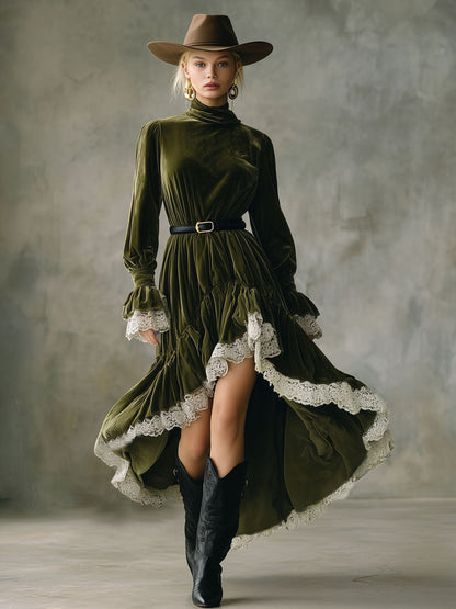 High-Collared Maxi Dress with Lace Accents