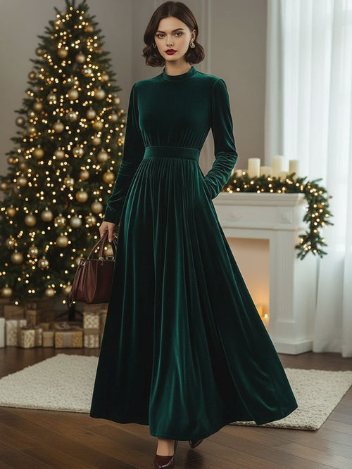 Velvet Maxi Dress with Long Sleeves, Loose Fit, Pockets, and Stand-Up Collar - Ships Within 24 Hours