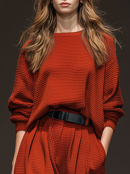 Retro-Inspired Red Waffle Knit Sweater with Round Neck and Sporty Trousers
