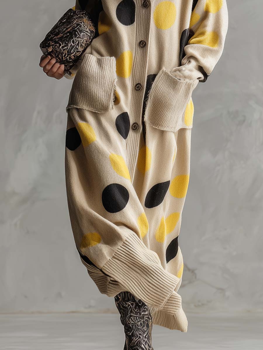 Retro V-Neck Polka Dot Dress in Yellow and Black with Beige Cardigan