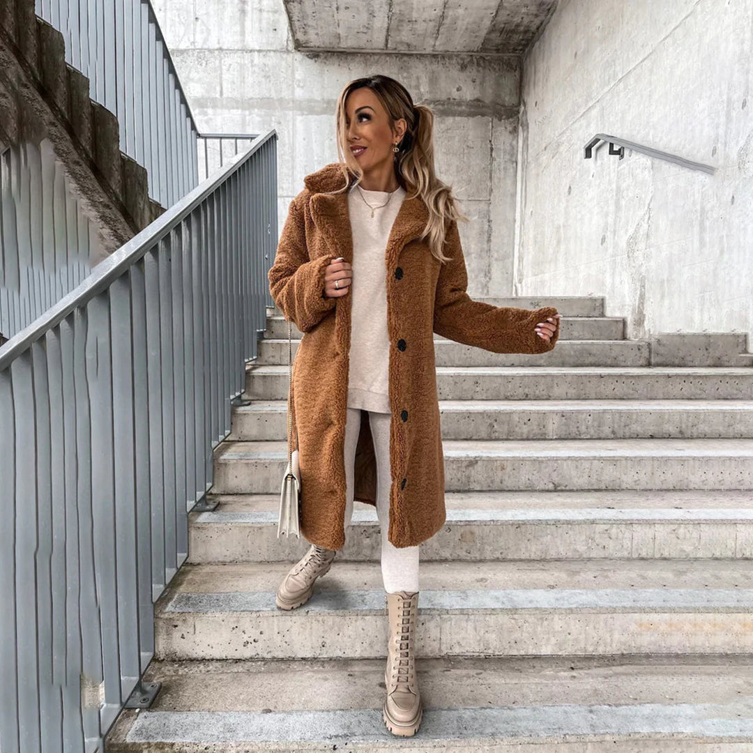 Women's Cozy Long Teddy Coat in Soft Beige