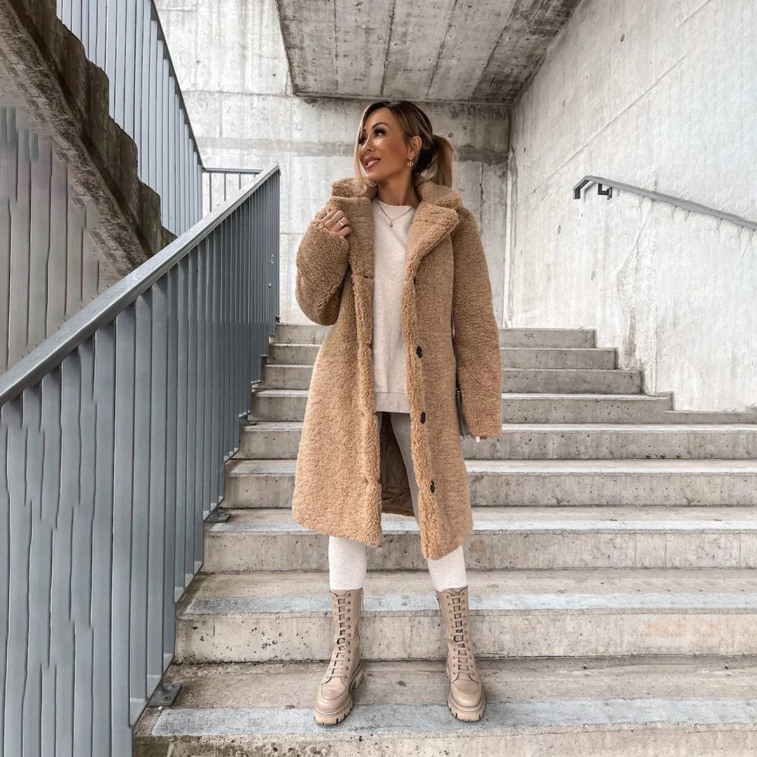 Women's Cozy Long Teddy Coat in Soft Beige