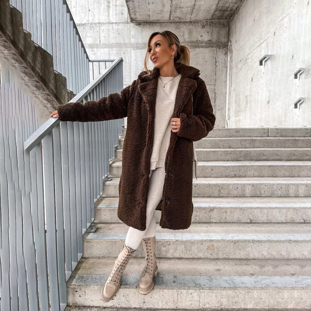 Women's Cozy Long Teddy Coat in Soft Beige