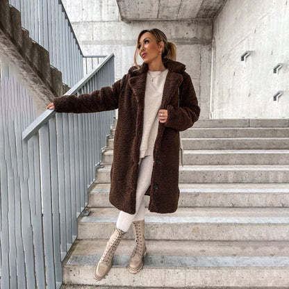Women's Cozy Long Teddy Coat in Soft Beige