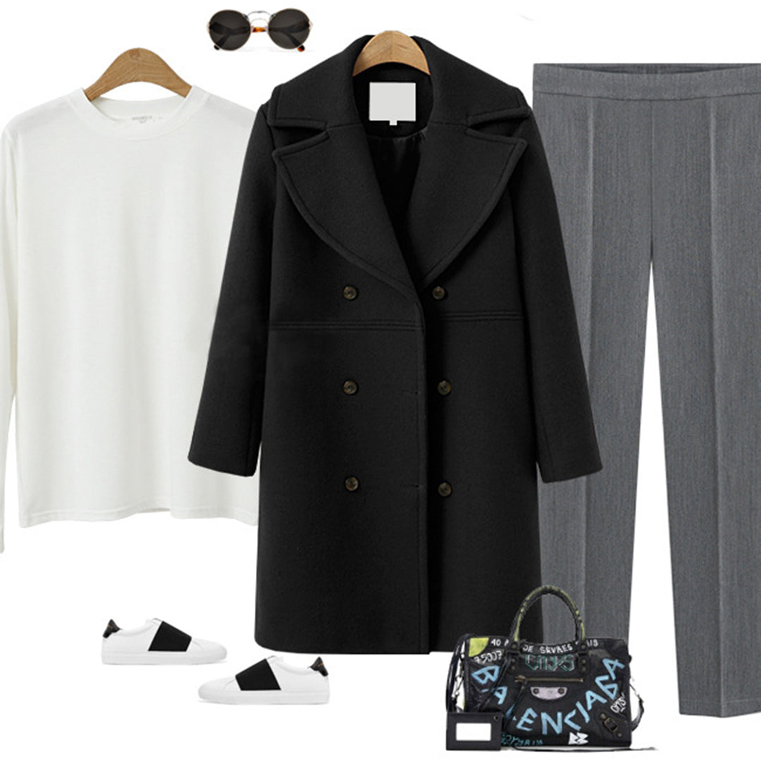 Women's Double-Breasted Long Wool Coat – Ideal for Fall