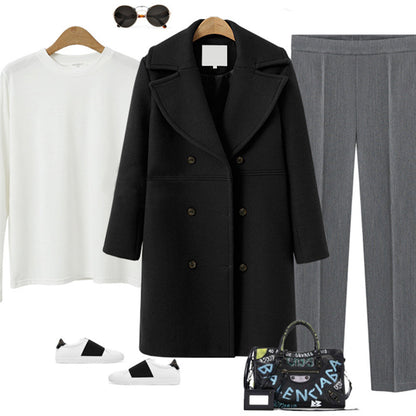 Women's Double-Breasted Long Wool Coat – Ideal for Fall