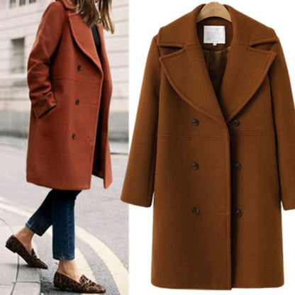 Women's Double-Breasted Long Wool Coat – Ideal for Fall