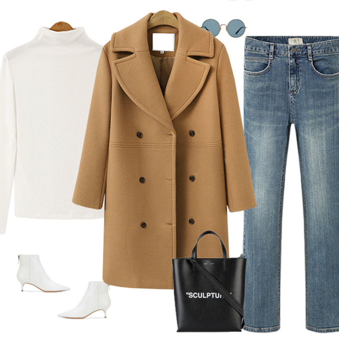 Women's Double-Breasted Long Wool Coat – Ideal for Fall