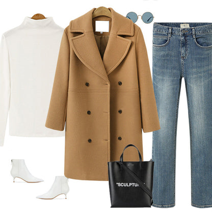 Women's Double-Breasted Long Wool Coat – Ideal for Fall