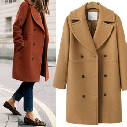 Women's Double-Breasted Long Wool Coat – Ideal for Fall
