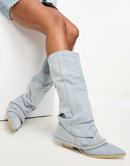 Trendy Light Blue Denim Ankle Boots with Over-the-Knee Design and Pointed Toe – Casual Street Style Footwear