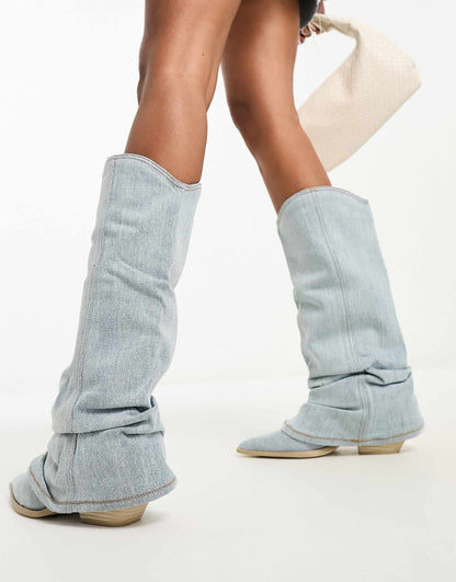 Trendy Light Blue Denim Ankle Boots with Over-the-Knee Design and Pointed Toe – Casual Street Style Footwear