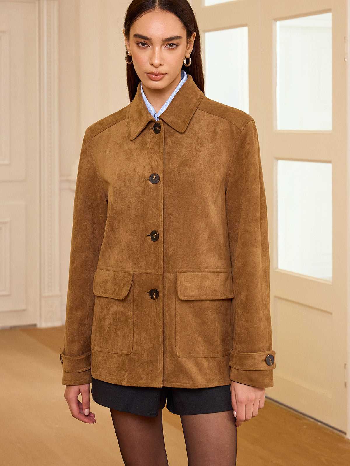 Akira | Suede Blazer with Collared Button-Front Design