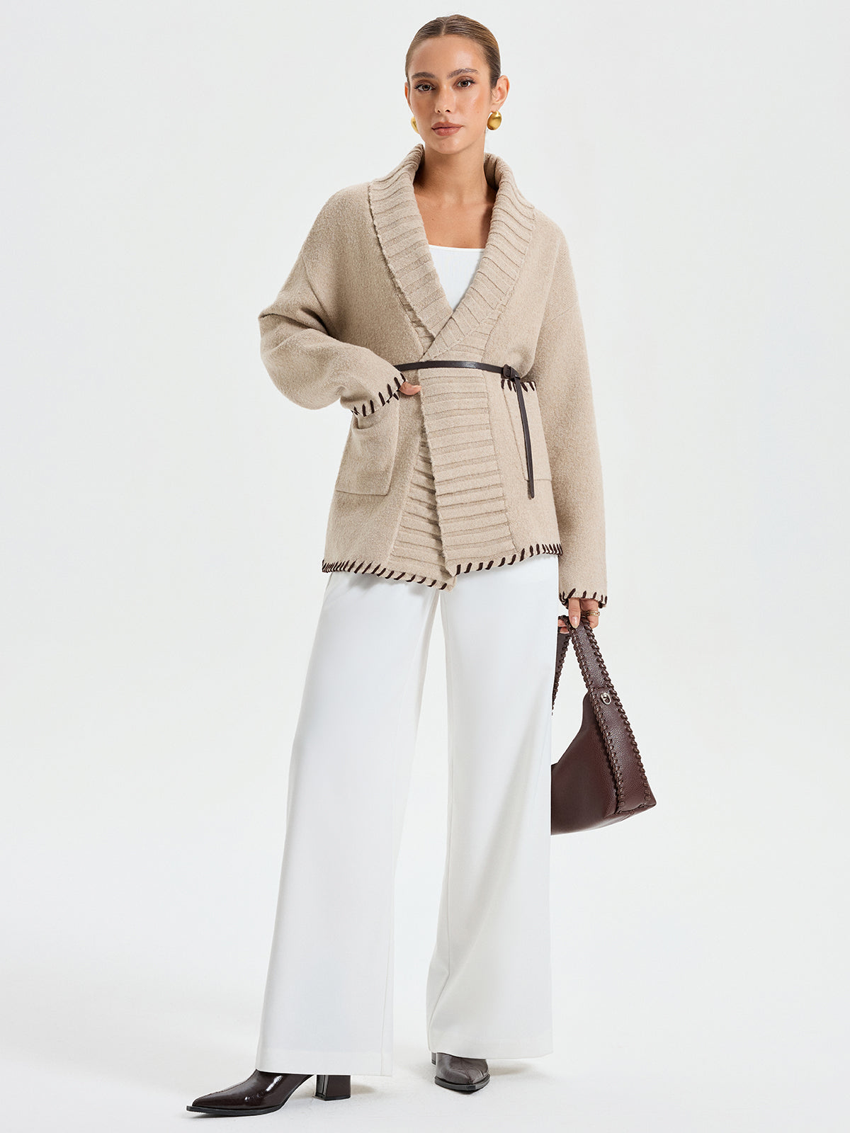 Quincy | Belted Knit Outerwear with Contrast Stitched Shawl Collar