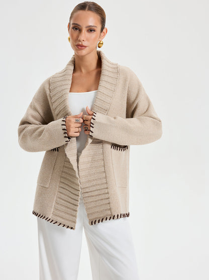 Quincy | Belted Knit Outerwear with Contrast Stitched Shawl Collar