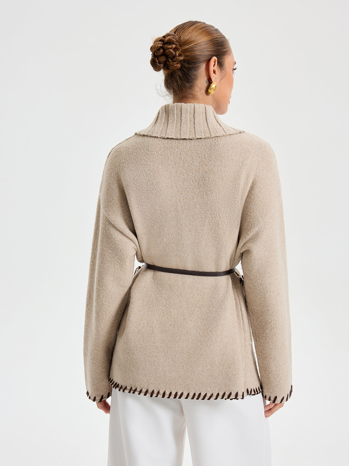 Quincy | Belted Knit Outerwear with Contrast Stitched Shawl Collar