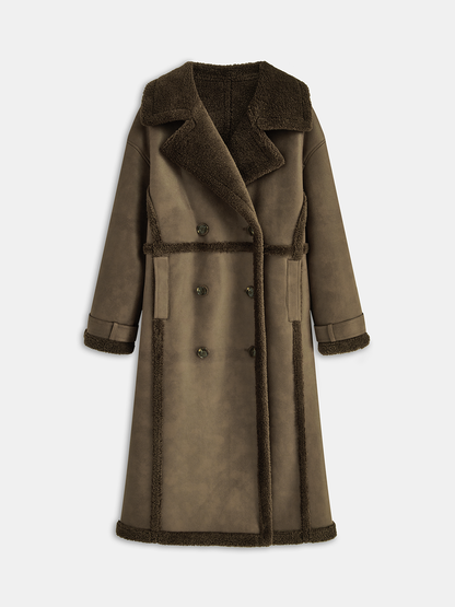 Violette | Longline Double-Breasted Fleece-Lined Faux Leather Coat