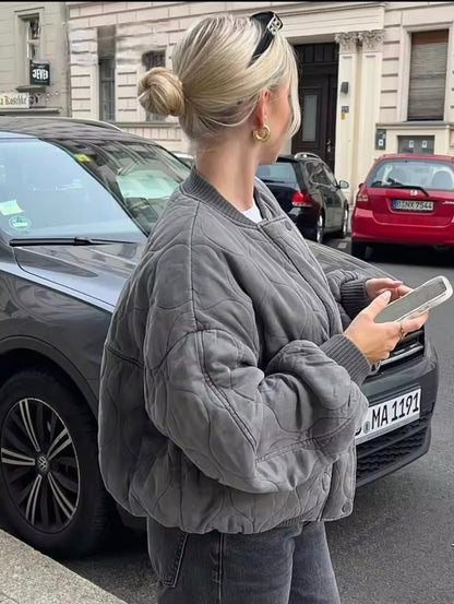 Women's Casual Quilted Bomber Jacket with Ribbed Collar