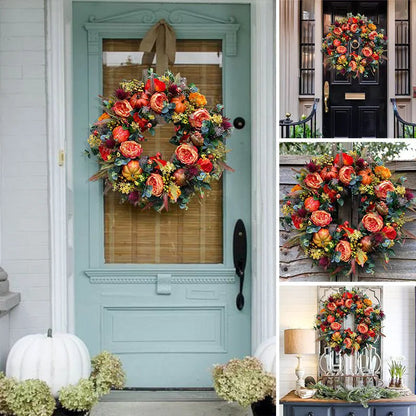 40 cm Autumn Wreath with Peony and Pumpkin – Multicoloured Rustic Artificial Decoration for Thanksgiving